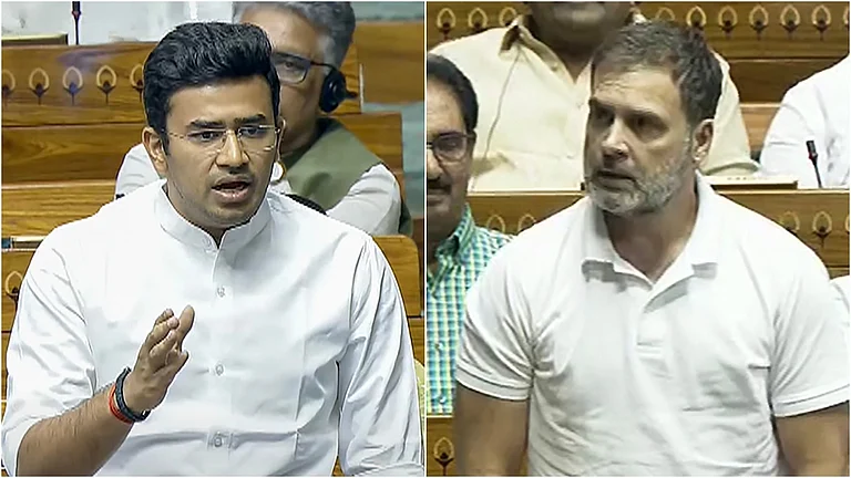 L: BJP MP Tejasvi Surya in LS | R: LoP Rahul Gandhi | - PTI